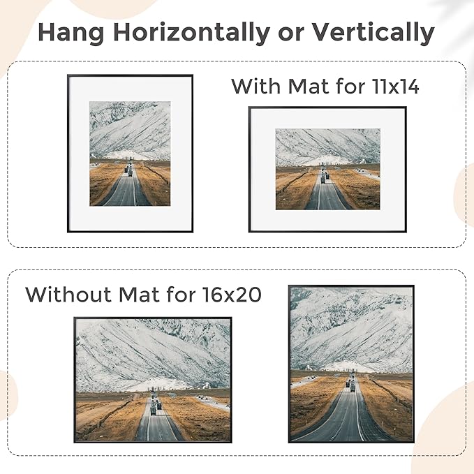 FLYJOE 16x20 Metal Picture Frame For Wall With Mat For 11x14, 16''x20'' Aluminum Photo Frames With Tempered Glass, Minimalist Modern Poster Frame Horizontally Vertically Set of 3, Black