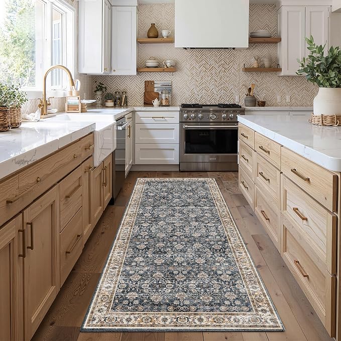 CHAMPLANT 2x6 Hallway Washable Runner Rug Vintage Soft Kitchen Laundry Runner with Non Slip Farmhouse Entryway Living Room Floor Mat Stain Resistant Carpet for Bedroom Bathroom Distressed Beside Rug
