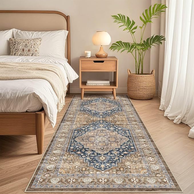 Runner Rug Kitchen Washable Rugs: 3x10 Non-Slip Boho Vintage Stain Resistant Indoor Neutral Farmhouse Throw Carpet for Hallway Bathroom Laundry Room Entryway Bedroom- Yellow Blue