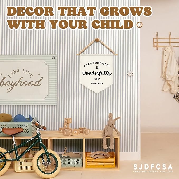 SJDFCSA Christian Nursery Wall Art Decor, Kids Room Decor, I Am Fearfully and Wonderfully Made Bible Verse Boho Wall Hanging Display Pennant Flag for Kids Boy Girl Nursery Room Bedroom Playroom