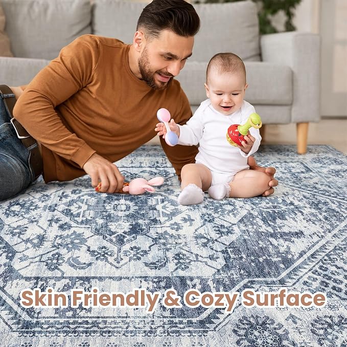 Vintage Living Room Area Rug 6x9 - Large Soft Washable Oriental Traditional Distressed Farmhouse Rugs for Bedroom - Indoor Floor Accent Carpet for Home Office House Decor - Distressed Blue