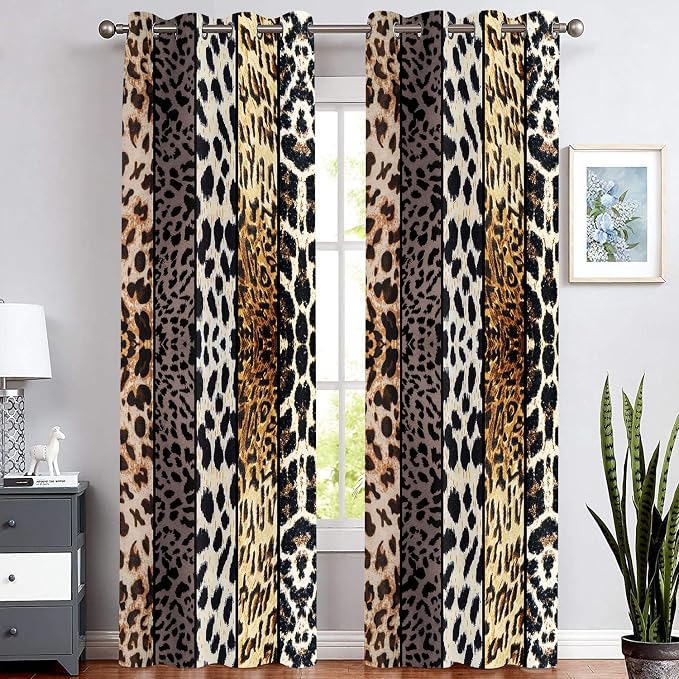 Wild Animal Print Curtain, Room Darkening Thermal Insulated Blackout Leopard Boa Window Drapes with Grommets for Living, Dining, Bedroom, Grey Leopard Print, 42"x 90", 2 Panels