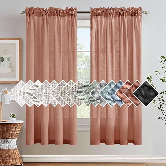 H.VERSAILTEX Linen Curtains Elegant Natural Linen Semi Sheer Curtains Energy Light Filtering Rod Pocket Window Treatments Panels for Living Room (Set of 2, Terracotta, 52 inch W X 72 inch L)