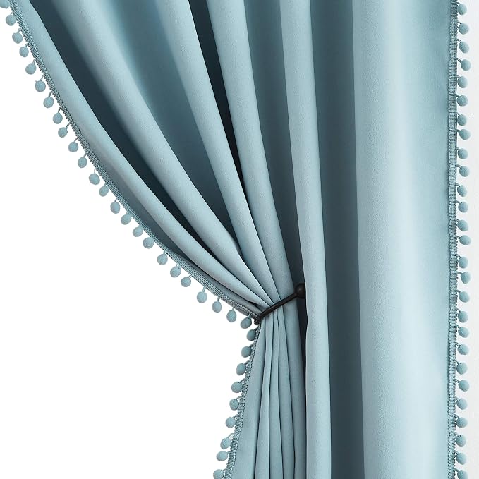 Treatmentex Blue Pom Pom Curtains for Living Room Bedroom 63 inch Thermal Insulated Half Blackout Curtain Drapes for Girls Boys Room Guest Room 52" w x2 Panels Rod Pocket