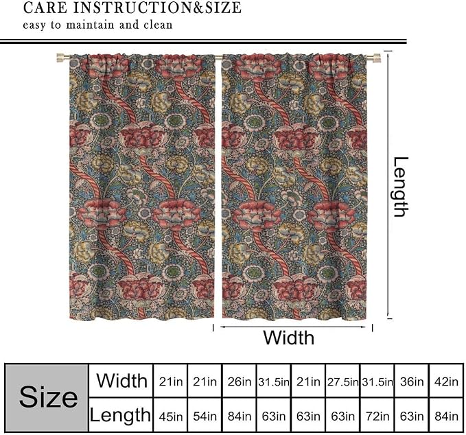William Morris Blackout Curtains, Vintage Flower Flower Boho Botanical Plant Print Window Drapes, for Living Room Bedroom Kitche 21(W)*54(L) 2 Panels