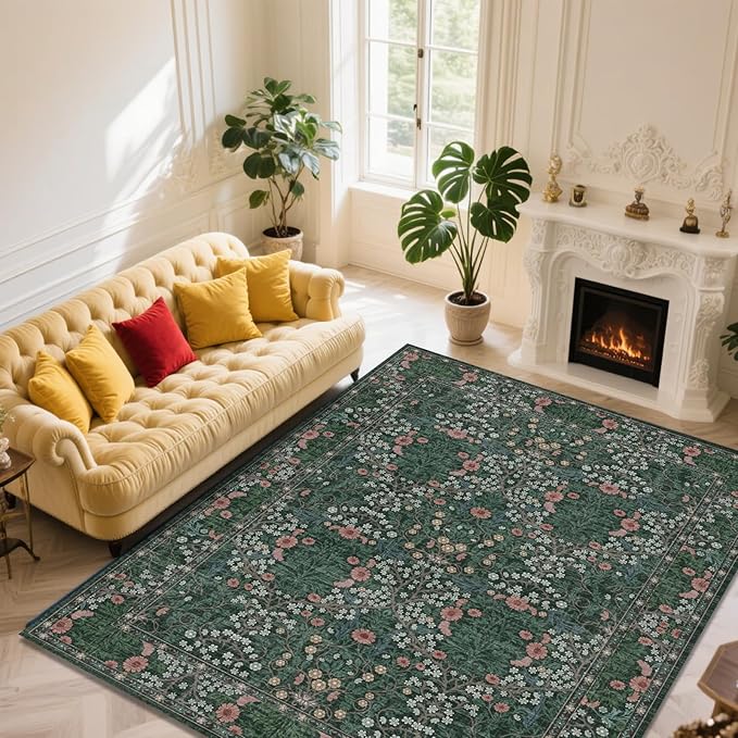 Vintage Green Living Room Rug, 9x12 Washable Area Rugs for Dining Room Under Table, Soft Low Pile Large Carpet Bedroom, Non-Slip Boho Floral (9 x 12 Green)