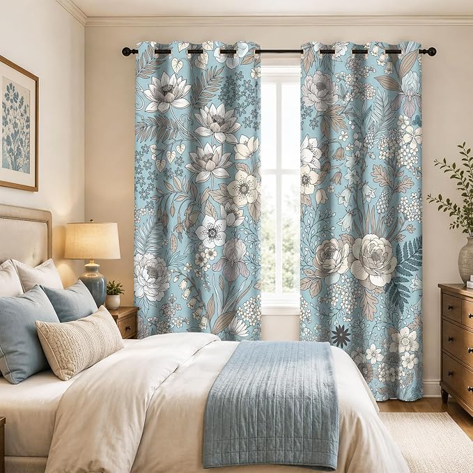 Boho Blue Floral Blackout Curtains for Bedroom, Vintage Botanical Flower Drapes Mid Century Window Curtains Darkening Thermal Insulated Grommet for Living Room Bedroom Decor 2 Panels 52x84 Inches