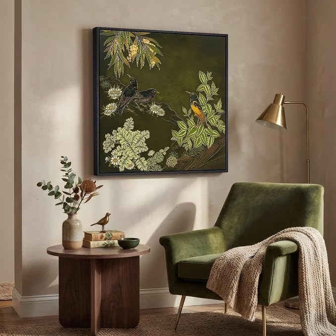 Framed Green Wall Art, Vintage Botanical Flower Bird Nature Canvas Prints Paintings for Walls, Rustic Olive Green Square Pictures Wall Decor for Living Room Bedroom Dining Room Bathroom, 24x24 In