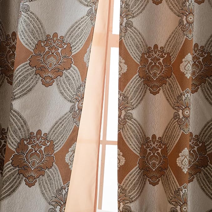 Petrichor Elegant Curtains with Gold Silver Threads 2 Panels Set - Luxury Window Treatment Attached Valance, Sheer Backing, and 2 Tie Backs for Bedroom and Living Room, 54x84 inches, Brown