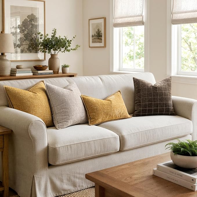 MIULEE Pack of 2 Couch Throw Pillow Covers 16x16 Inch Gold Mustard Yellow Farmhouse Decorative Pillow Covers with Stitched Edge Soft Chenille Solid Dyed Pillow Covers for Sofa Bed Living Room