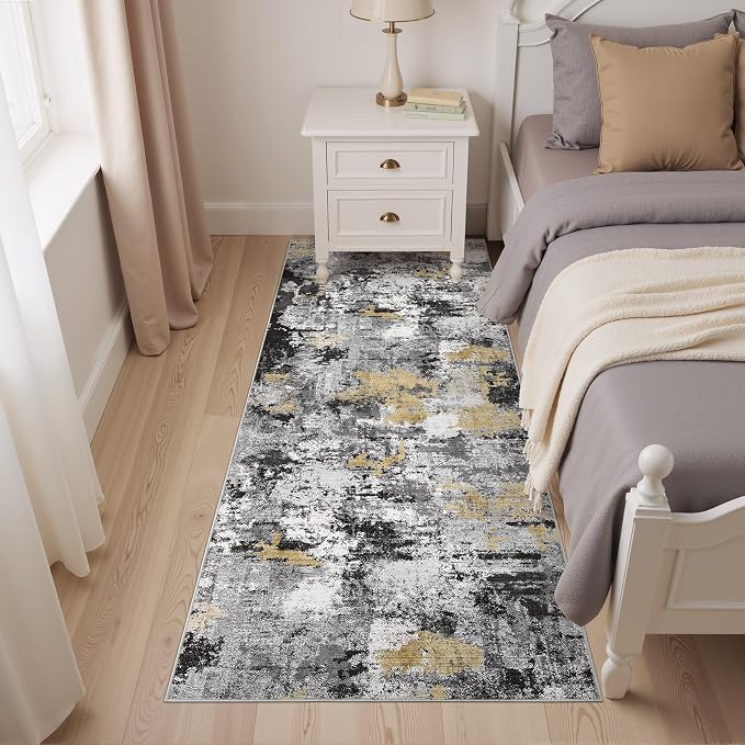 Abstract 2x8 Runner Rug: Machine Washable Non Slip Ultra Thin Low-Pile Carpet, Soft Stain Resistant for Hallway Kitchen Bathroom, Kid Pet Friendly, Robot Vacuum Compatible - Black Gold