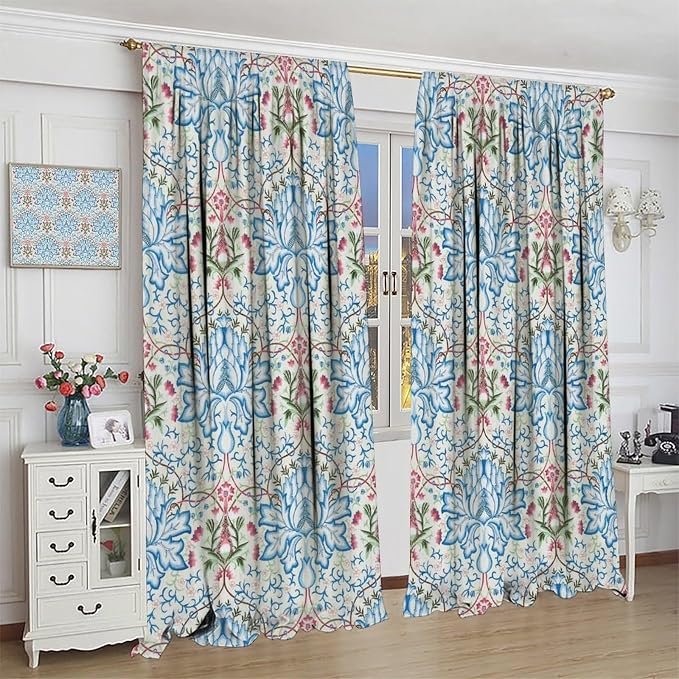 William Morris Floral Blackout Window Curtains, Watercolor Vintage Flower Art Style Printed Window Drapes, for Living Room Bedroom 21(W)*54(L) 2 Panels