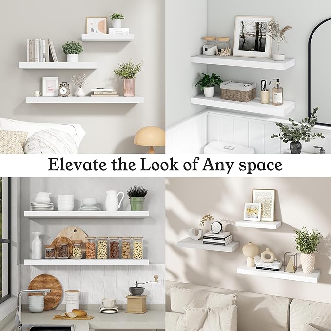 White Floating Shelves for Wall, 9.3" Deep Wall Mounted Wood Shelves for Bathroom, Bedroom, Living Room, Kitchen, Hanging Shelf for Books/Storage/Room Decor (White, 24")