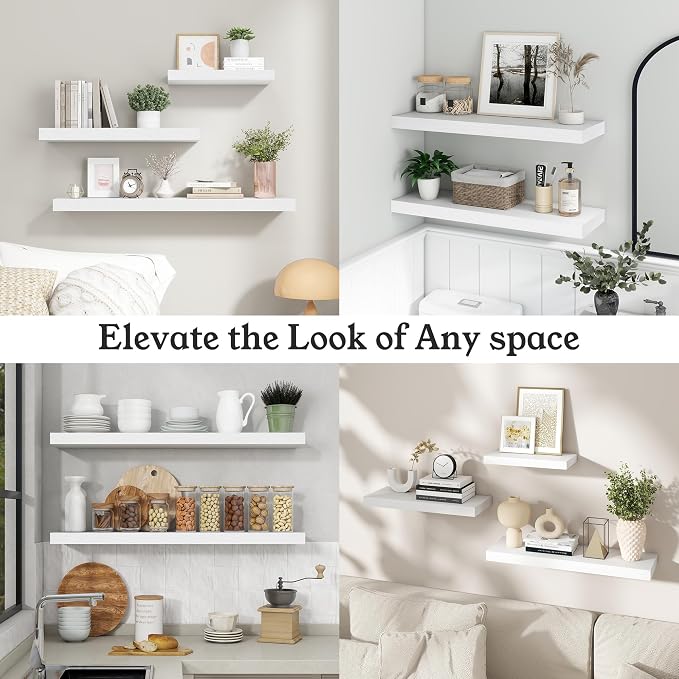 White Floating Shelves for Wall for Wall, 9.3" Deep Wall Mounted Wood Shelves for Bathroom, Bedroom (White, 48)