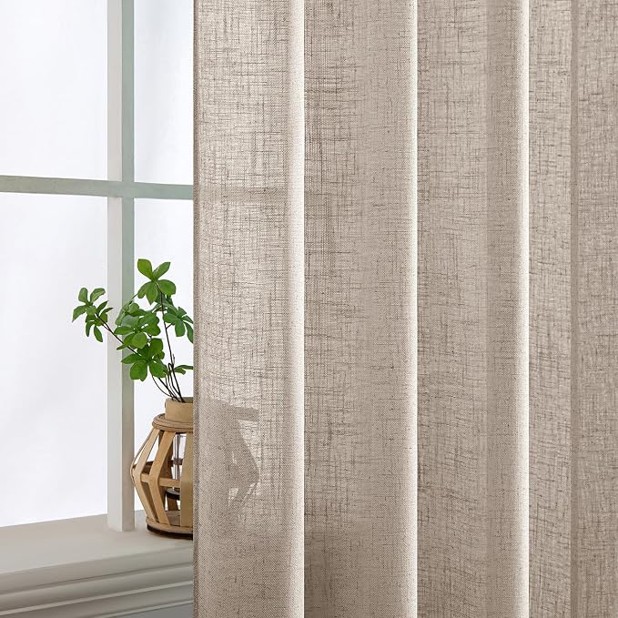 MIULEE Natural Linen Curtains 90 Inch Long 2 Panels for Bedroom Living Room, Soft Linen Textured Window Drapes Semi Sheer Light Filtering Back Tab Rod Pocket Farmhouse Modern Burlap Look Decor