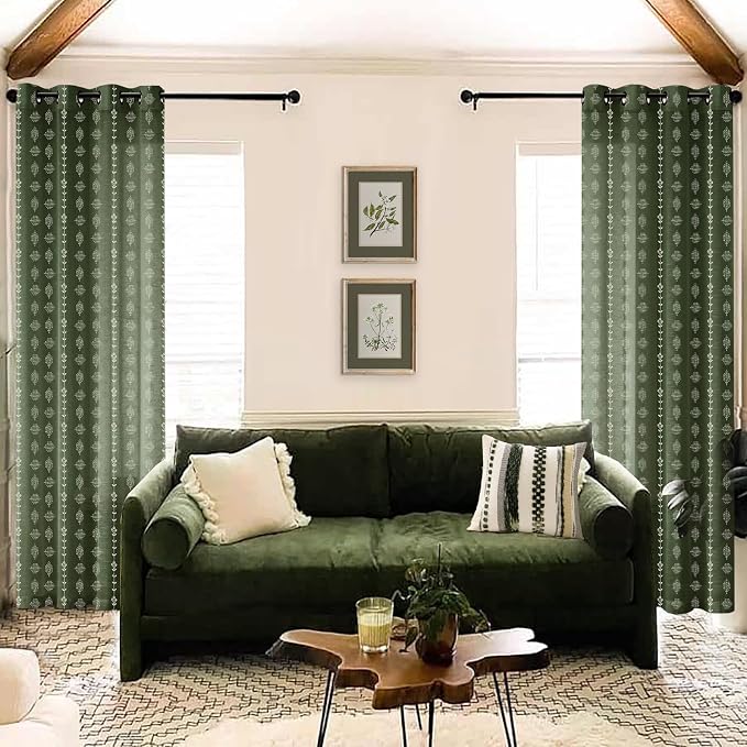 Dark Olive Green Linen Curtains 96 Inches Long 2 Panel Set, Floor to Ceiling Boho Striped Light Filtering Semi Sheer Drapes for Bedroom Living Room