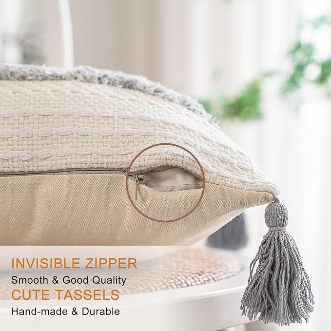 Boho Throw Pillow Covers 20x20 Set of 2 Woven Tufted Farmhouse Pillows Cover with Tassels Textured Striped Cushion Case Neutral Pillow Cases Decorative Pillowcase for Sofa, Couch, Bed, Light Grey