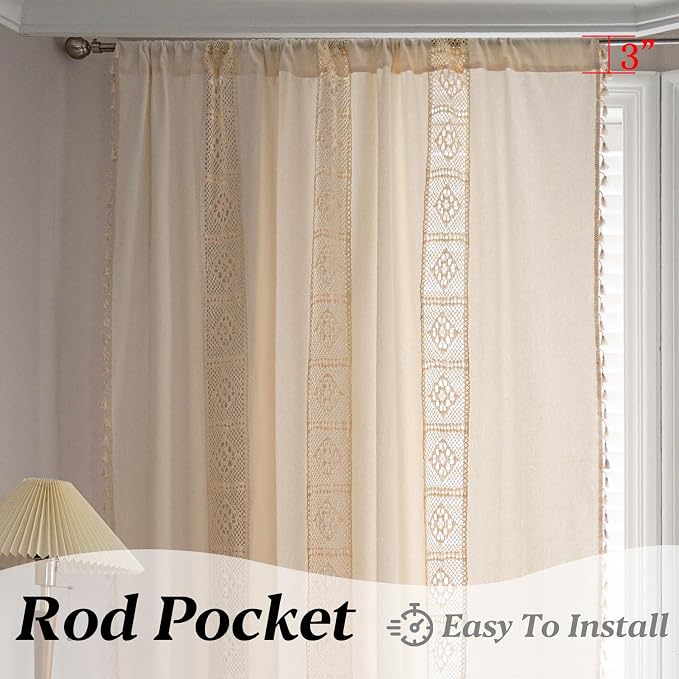 Sutuo Home Boho Curtains Crochet Lace Patchwork Semi-Blackout Bohemian Handmade Tassels, Rod Pocket Window Treatment Vintage Rustic Farmhouse Drapes for Living Bedroom, 1 Panel 59" W x 84" L, Beige