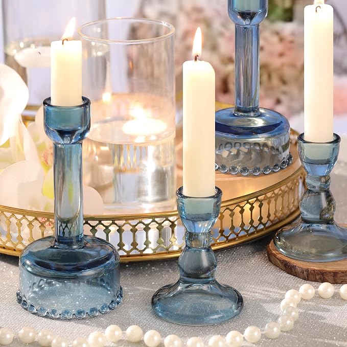 Lanttu 6 Pcs Blue Glass Candlestick Holders Taper Candle Holder Bulk | Crystal Candle Holders for Wedding, Table Centerpiece, Home Decoration