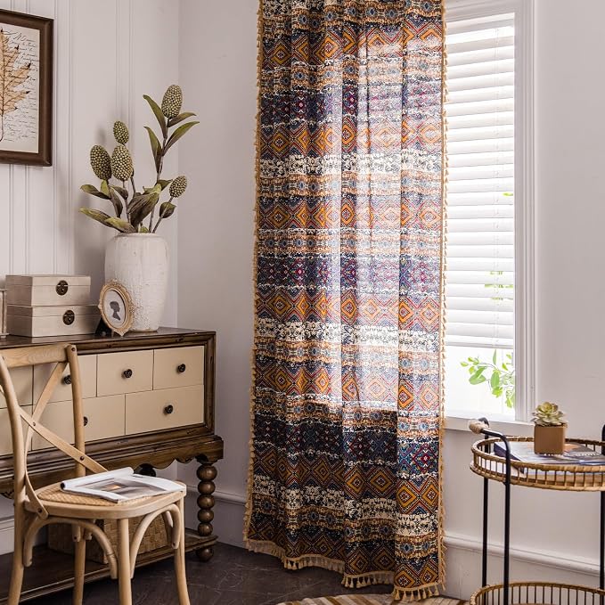 VOGOL Boho Semi Blackout Curtains, Geo Print Decorative Window Treatments with Tassel, 1 Panel Rod Pocket Drapes for Living Rest Room, 28 x 84 Inches