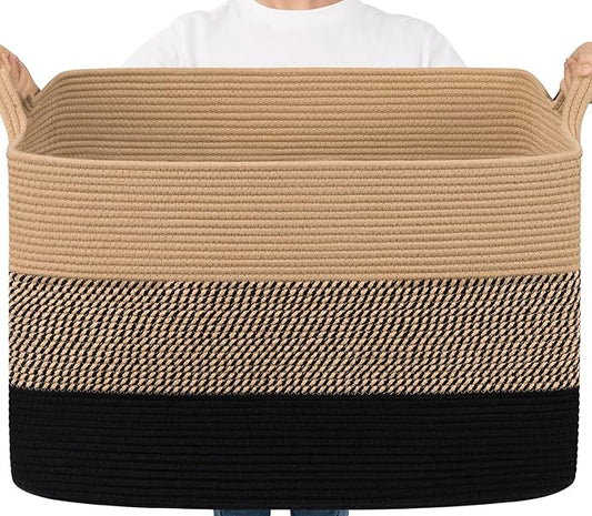 Goodpick 105L Extra Large Blanket Basket 25" x 16" x 16" Cotton Rope Storage Baskets for Organizing, Wicker Laundry Basket with Handles, Rectangle Woven Baskets for Storage, Black & Jute