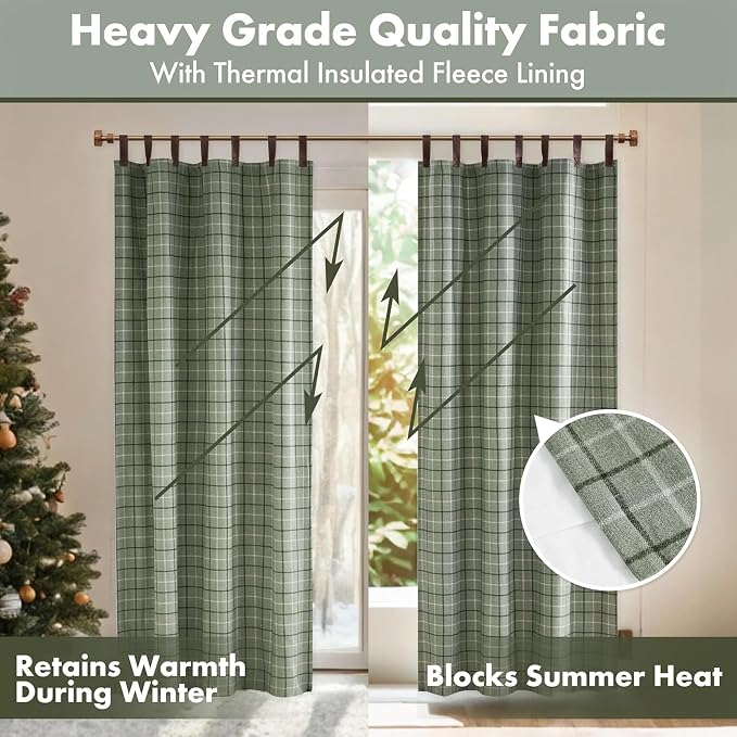 Madison Park Anaheim Cabin Plaid Curtain Window, Thermal Insulated Fleece Lining, Living Room Decor Room Darkening Drape for Bedroom, 1-Single Panel Pack, 50x84 Faux Leather Tab Top, Green