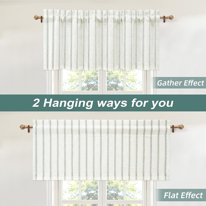 DriftAway Farmhouse Linen Lined Valance Double Layer Thermal Insulated Room Darkening Blackout Window Valances 3 Inch Rod Pocket Vertical Striped Kitchen Valance Single 52 Inch by 24 Inch Loden Green