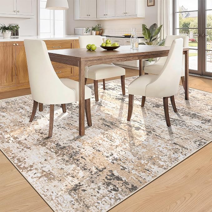 6x9 Area Rugs for Living Room: Washable Abstract Neutral Rug Modern Soft Non Slip Low Pile Rugs Floor Indoor Stain Resistant Carpet for Bedroom Dining Room Nursery Home Office (Light Brown, 6'x9')