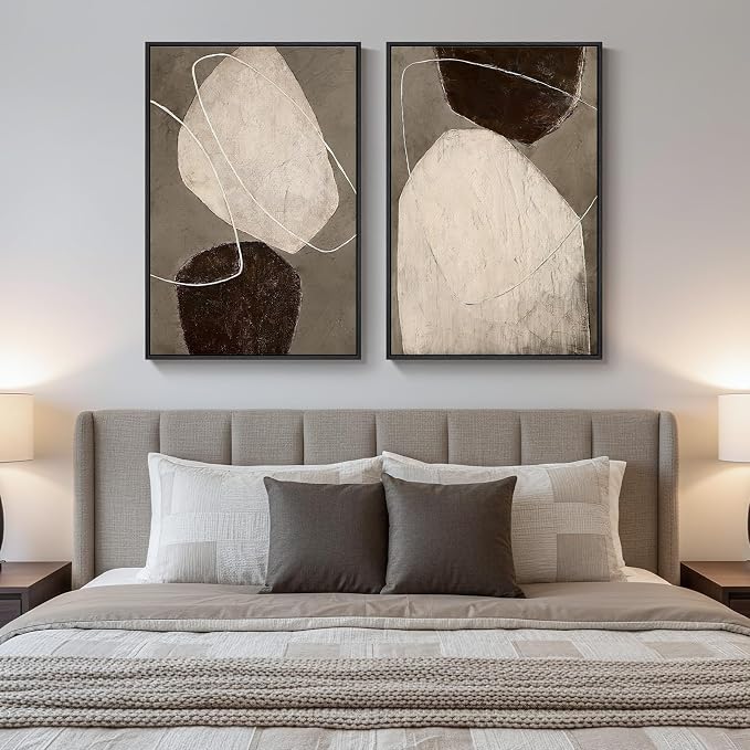 Framed Modern Abstract Wall Art for Living Room, Set of 2 Beige Brown Neutral Canvas Artwork for Walls, Large Contemporary Wabi Sabi Minimalist Painting Print for Hallway Bedroom Wall Decor, 24x36 In