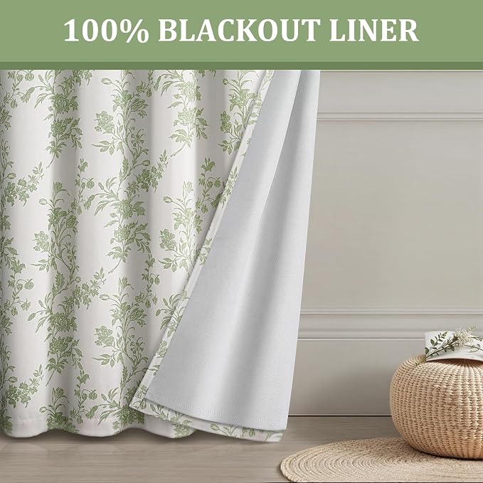 Sage Green Floral 100% Blackout Curtains for Bedroom 84 Inch Length 2 Panels Set, Farmhouse Curtains for Living Room