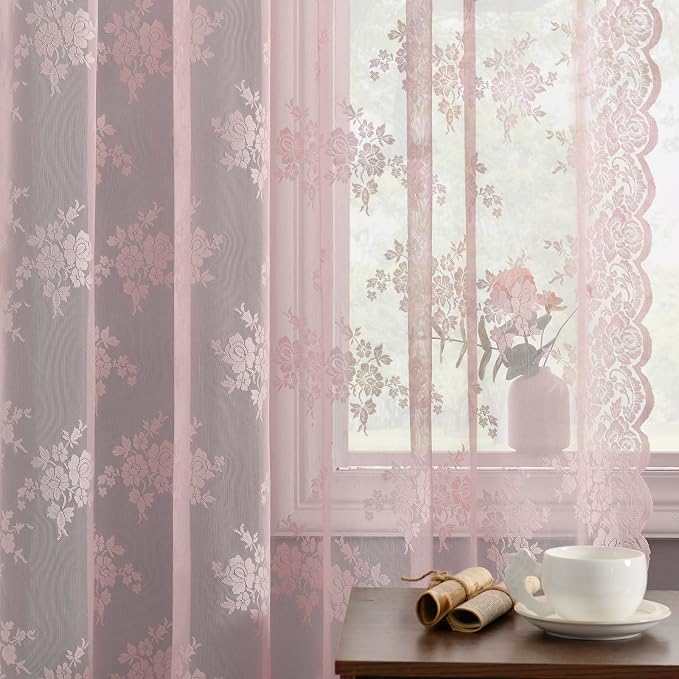 Kotile Pink Floral Lace Curtains for Girls Room - 96 Inches Long Sheer Privacy Window Panels (52 x 96), Rod Pocket Scalloped Design with Vintage Floral Pattern, 2 Panels