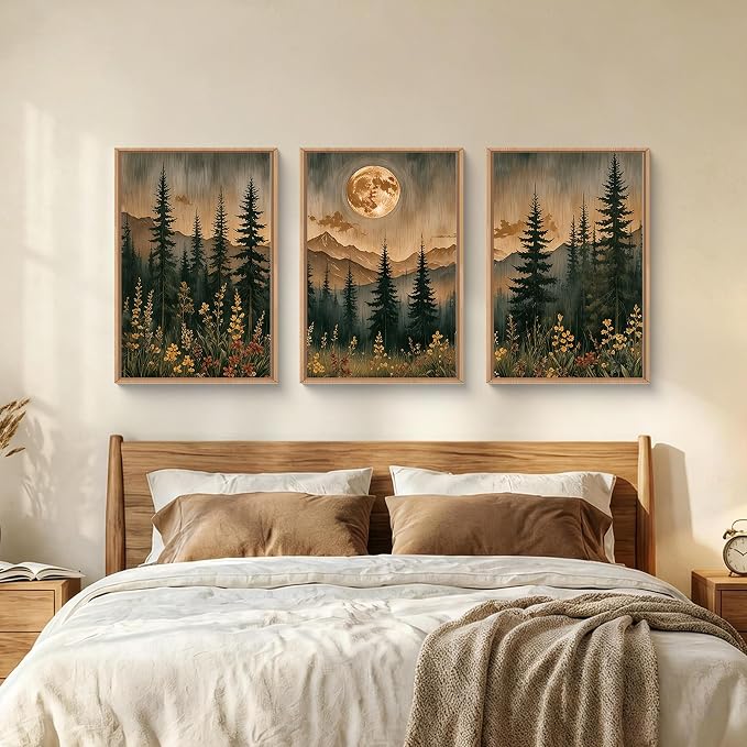 HOURIA Vintage Boho Nature Moonlight Forest Mountain Framed Canvas Wall Art Set,Wilderness Dark Moon Woodland Floral Decor,Retro Wildflower Field Landscape Artwork for Living Room,Farmhouse-16 x24 x3