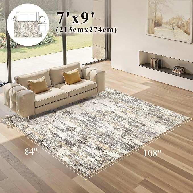 7x9 Area Rug Living Room Rugs: Washable Large Soft Abstract Modern Neutral Rug Stain Resistant & Non-Slip Low-Pile Carpet for Bedroom Dining Nursery Home Office Room Decor - Gold Brown