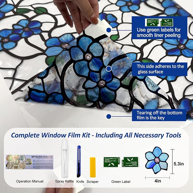 QHY Sunshine Privacy Window Film with Installation Tool Decorative Stained Glass Window Stickers Reusable Window Film (Indigo Rainbow, 23.6 x 78.7)