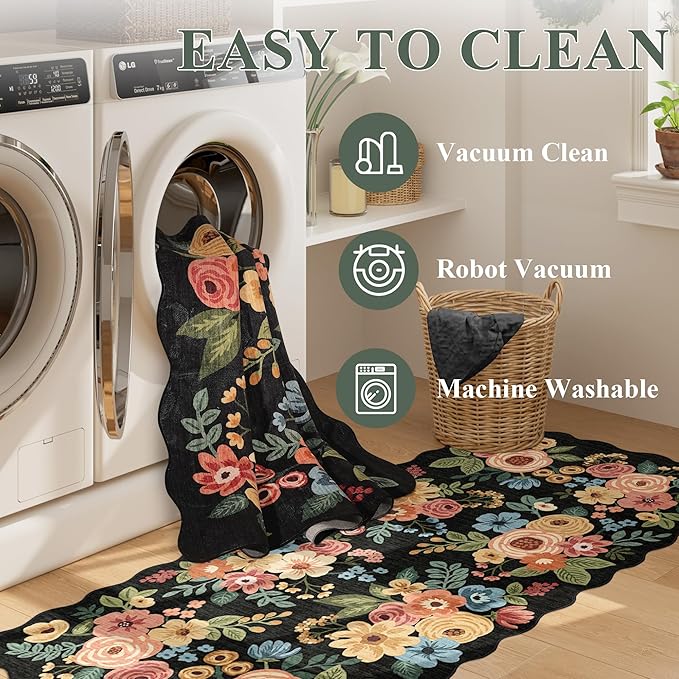 DUKINO 2x4 Washable Runner Rugs, Non Slip Floral Print Entryway Rug with Soft Low Pile, Lightweight Mat for Living Room, Bathroom, Bedroom, Kitchen, Black