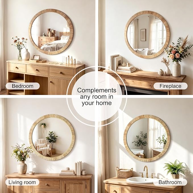 Decorative Rattan Wall Mirror, Boho Bathroom Modern Makeup, Rustic Wall Bohemia Mirrors for Bedroom, Living Room, Vanity Versatile Farmhouse, Nursery, Bathroom (Round 28“x28”