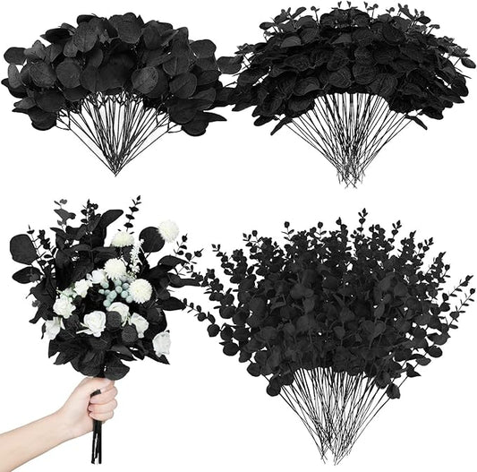 Giegxin 180 Pcs 3 Kinds Mixed Artificial Eucalyptus Leaves Stems Bulk Silver Dollar Leaves Picks Dried Eucalyptus Bundle Faux Spray for Wedding Vase Bouquet Floral Arrangement (Black)