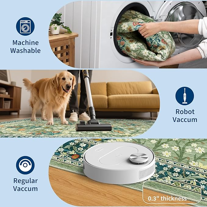 GarveeHome Floral 3x5 Area Rugs for Entryway, Washable Kitchen Rug Non Slip, Low Pile Bedroom Rug, Ultra Soft Stain Resistant Small Carpet for Laundry Room, Sage Green