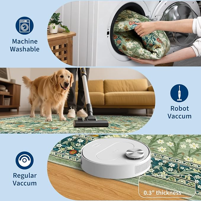 GarveeHome Washable Rug for Living Room, 9x12 Large Area Rug for Dining Room Under Table, Bedroom, Floral Soft Low Pile Non Slip Stain Resistant Carpet for Nursery, Playroom, Office, Sage Green