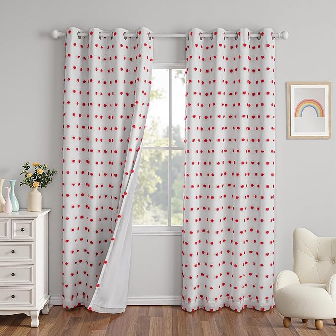MYSKY HOME Blackout Curtains for Nursery Thermal Insulated Red Pom Pom Curtains 72 Inch Long for Girls Bedroom 2 Panels White Sheer Curtains for Dining Room Door Grommet, 52 x 72 in