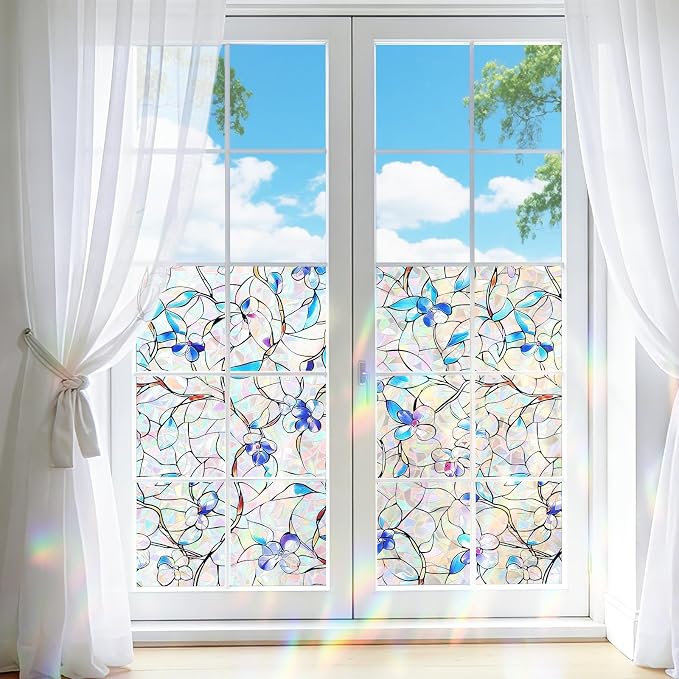 NINETREX Window Privacy Film, Rainbow Stained Glass Window Film, Static Cling Heat Control UV Blocking, Decorative for Home, Bathroom, Glass Door and Car, Renter-Friendly, Blue 23.6 x 78.7 inches