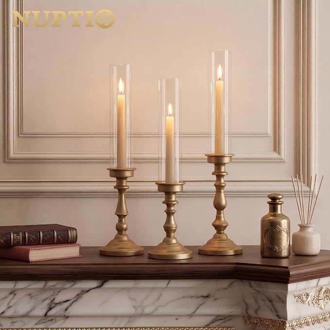 NUPTIO Hurricane Candle Holder for Centerpiece: Set of 3 Gold Candlestick Holders with Glass Shade - Vintage Taper Candleholder for Christmas Dining Table Fireplace Mantle Decor