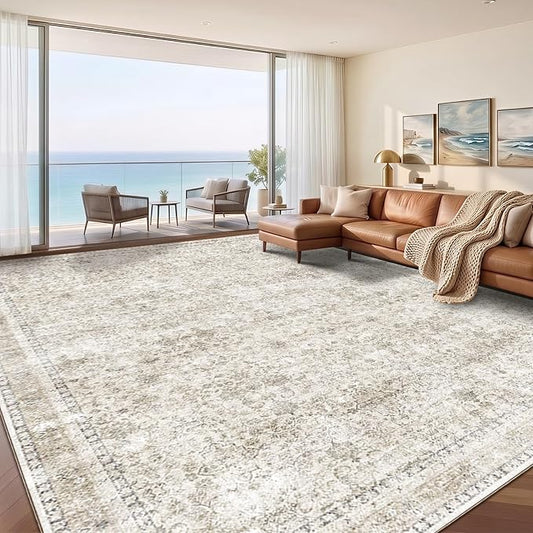 Sasttie 9x12 Area Rug, Ultra-Soft Washable Rug, Low Pile Foldable Thin Carpets with Non-Slip Backing, Skin-Friendly Stain Resistant Carpet for Living Room, Bedroom, Kitchen, Dorm, 9x12, Beige