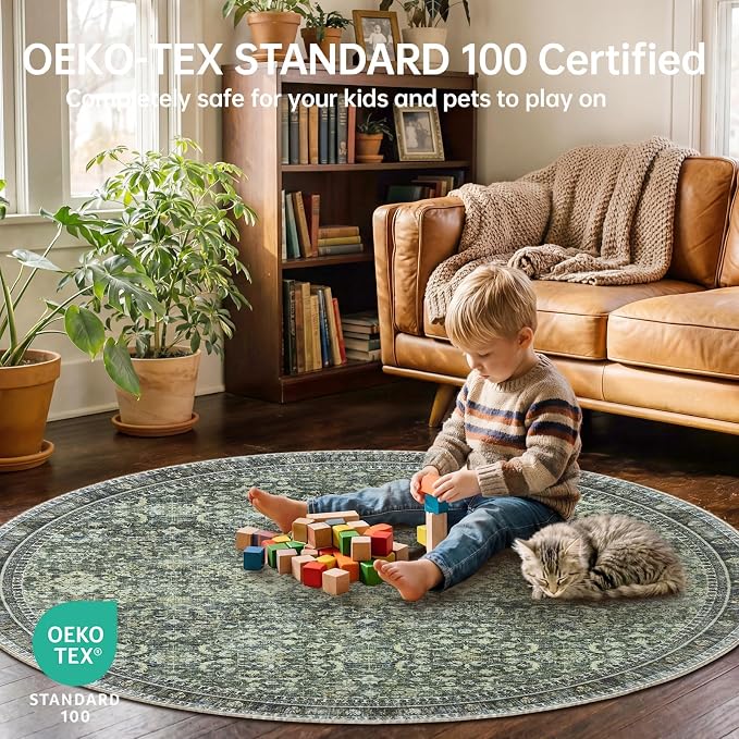Sasttie Round Rugs 6ft, Ultra-Soft Washable Circle Rug, Low Pile Foldable Thin rugs with Non-Slip Backing, Skin-Friendly Stain Resistant Carpet for Living Room, Bedroom, Kitchen, Dorm, 6ft, Dark Green
