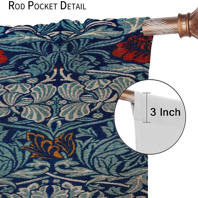 Bohemian William Morris Retro Plant Floral Blackout Window Curtains, Flower Vintage Country Farmhouse Art Window Drapes, for Bedroom Living Room 31.5(W)*72(L) 2 Panels