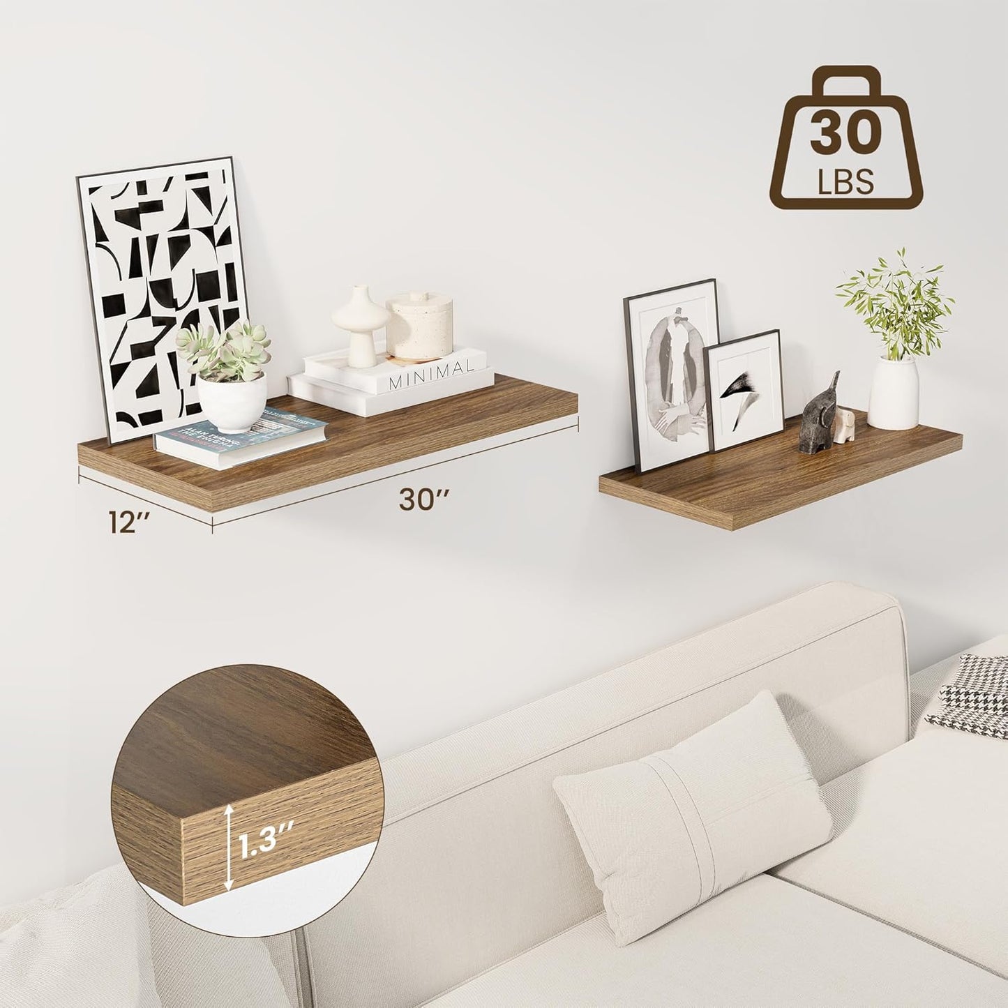 30" Floating Shelves for Wall, 12" Deep Slim Walnut Floating Shelves, Wall-Mounted Shelves for Bedroom, Living Room, Kitchen, Bathroom - Set of 2