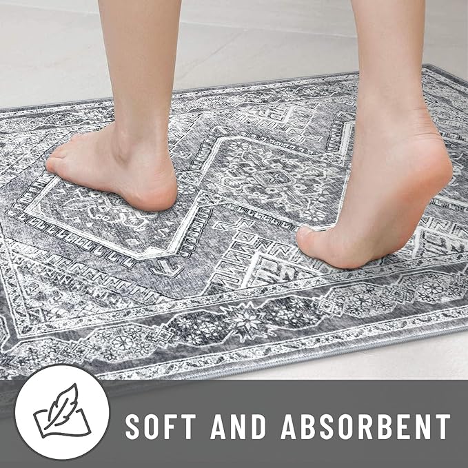 KUTA Oriental Washable Runner Rug, 2x5 Runners Non-Slip Vintage Grey 5ft Hallway Kitchen Rugs Ultra Soft Printed Distressed Tribal Farmhouse Carpet for Bedroom Entryway Decor