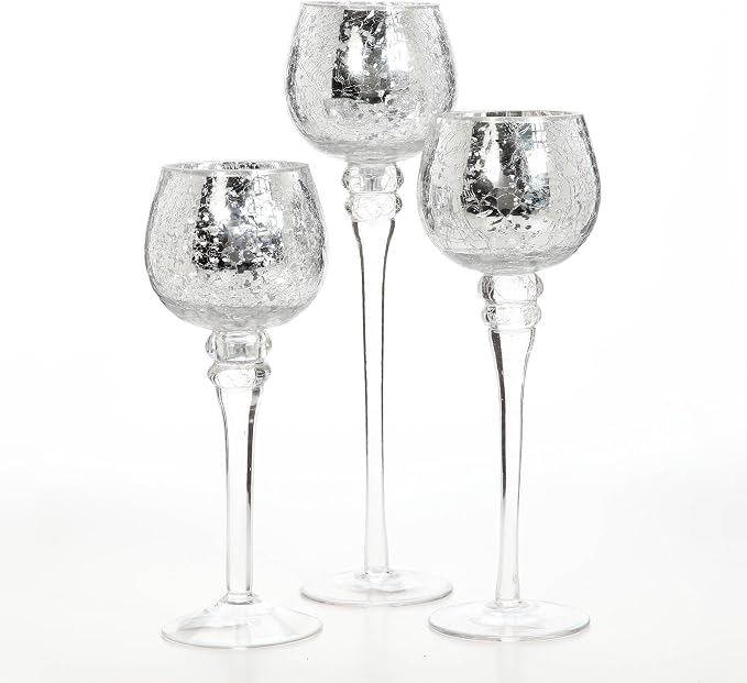 Hosley Set of 3 Crackle Metallic Glass Tealight Holders 12 Inch, 10 Inch, 9 Inch Elegant Home Decor for Ambient Lighting and Stylish Centerpieces and Gift