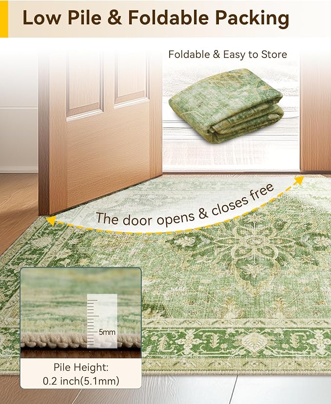 RELEANY Area Rugs Runner 2'6"x8' Washable Non-Slip, Floral Vintage Distress Medallion Carpet for Kitchen Hallway Bedroom Beside Laundry Room Bathroom, Sage Green Yellow