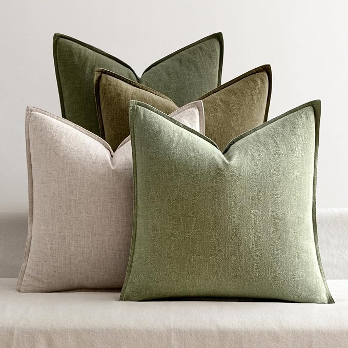 MIULEE Green and White Boho Linen Pillow Covers 18x18 Inch Pack of 4 | Natural Throw Pillow Covers Soft Farmhouse Couch Pillowcases Modern Decor for Living Room Bed Sofa